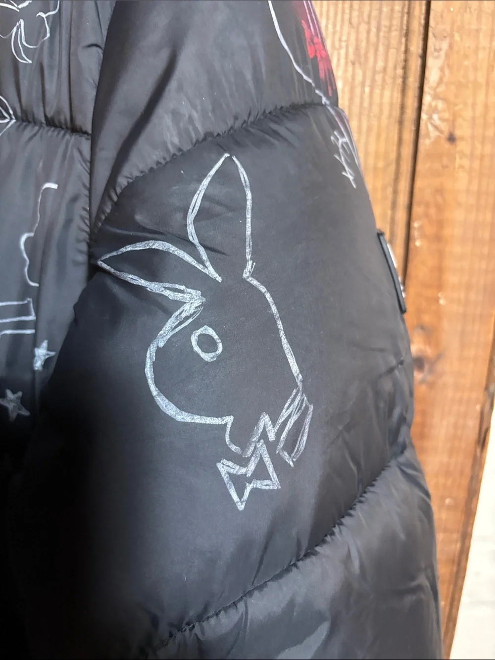 ZARA Black Puffer Jacket with White & Red Custom Painted Graphics